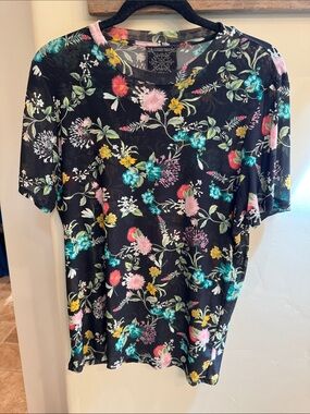 Johnny Was XL Black Floral Mesh Top with Teal, Pink & Yellow Print